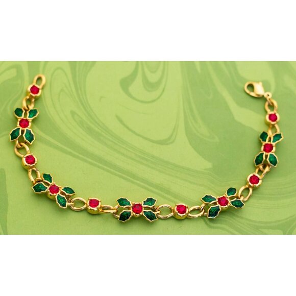 Vintage Art Nouveau Christmas Themed Floral Rhinestones Bracelet - W19 - Picture 2 of 3